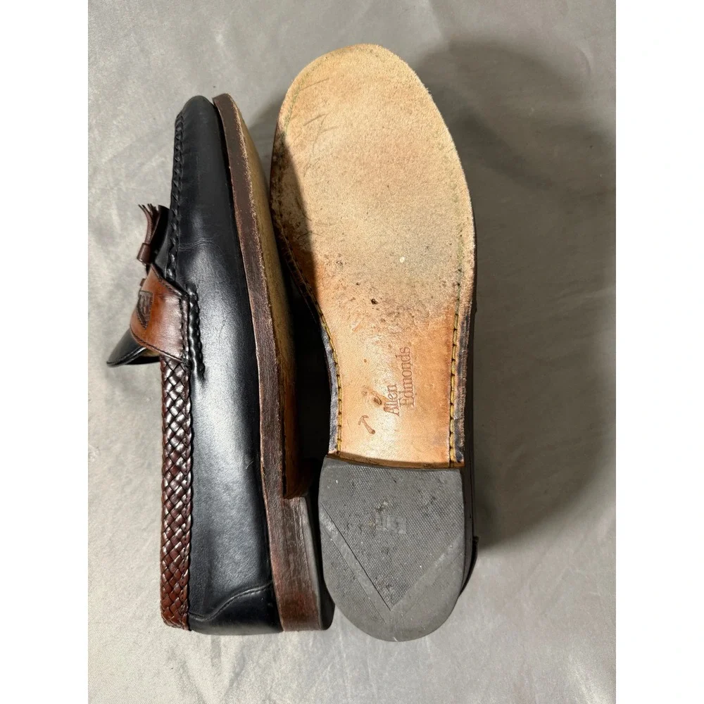 Allen Edmonds Tassel Loafers Black Leather‎ Brown Woven Trim Mens Size 9.5 D